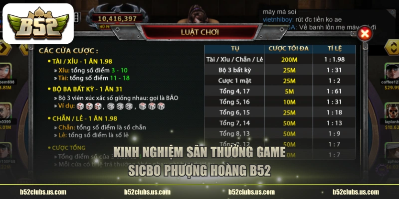 Kinh nghiệm săn thưởng game Sicbo Phượng Hoàng B52