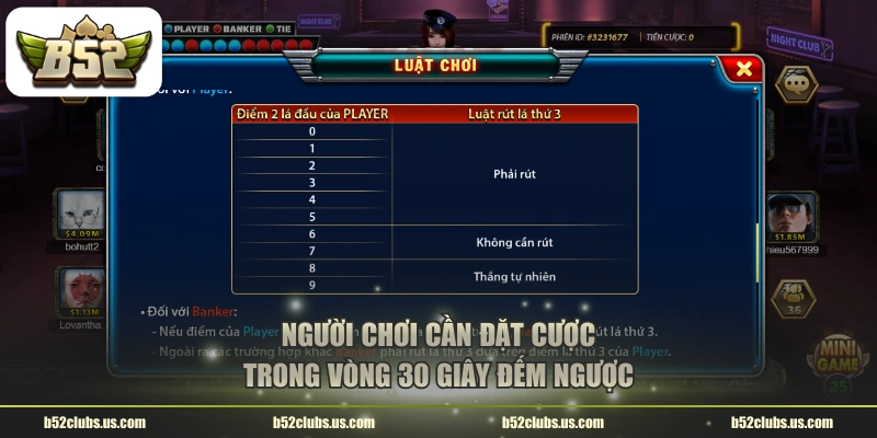Người chơi cần đặt cược trong vòng 30 giây đếm ngược