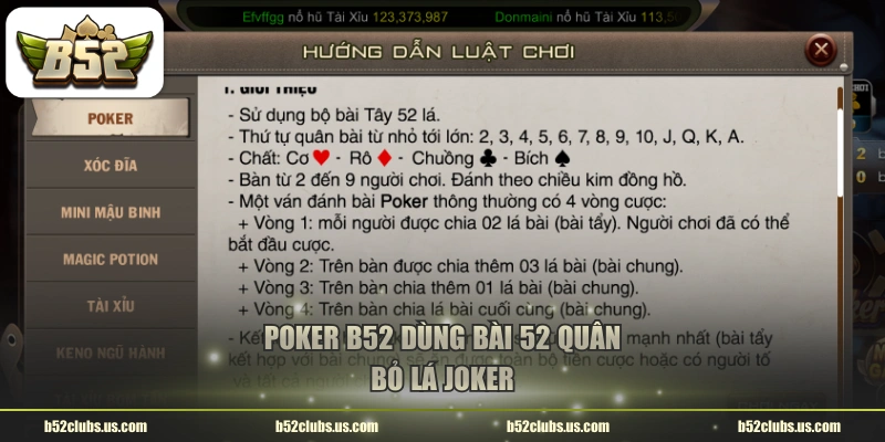 Poker B52 dùng bài 52 quân, bỏ lá Joker