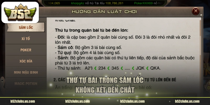 Thứ tự bài trong sâm lốc không xét đến chất
